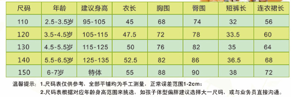 幼儿园服装码数